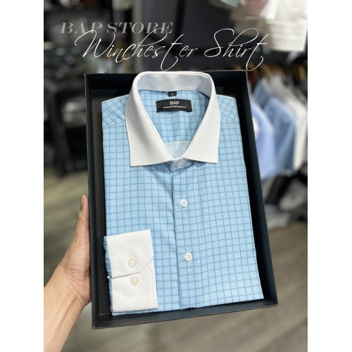 Áo sơ mi nam kẻ sọc xanh phối măng set cổ trắng chất liệu sợi tre cotton thoáng mát thanh lịch thương hiệu BAP 2023 2024